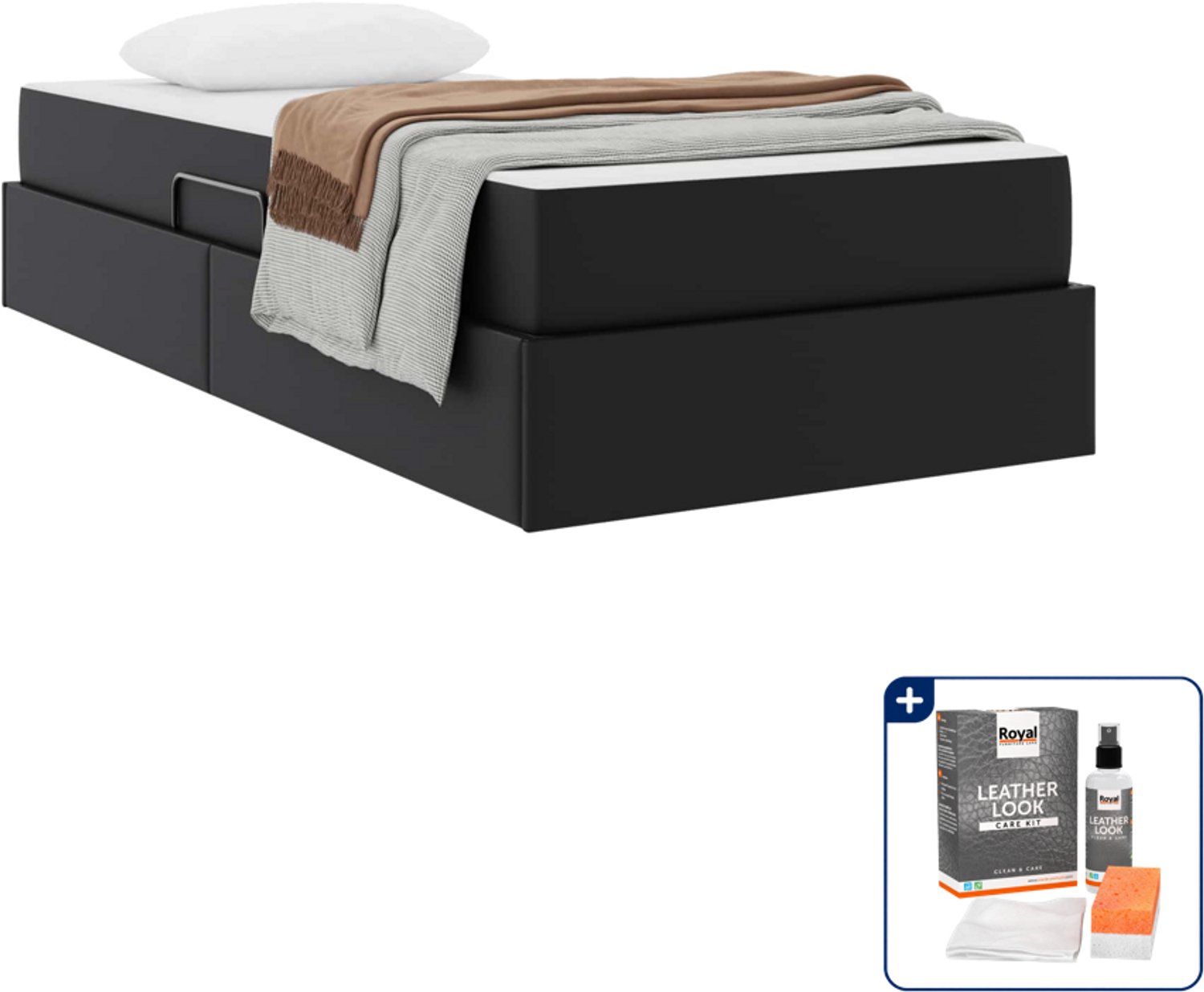 vidaXL opbergbed met matras - 90 x 190 cm - kunstleer - zwart - Inclusief onderhoudsset voor kunstleer 150 ml Bruin
