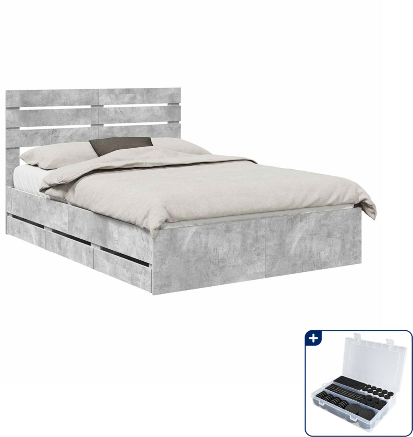 vidaXL queensize bedframe met lade - 160 x 200 cm - beton grijs - Inclusief antikrasvilt 177-delig