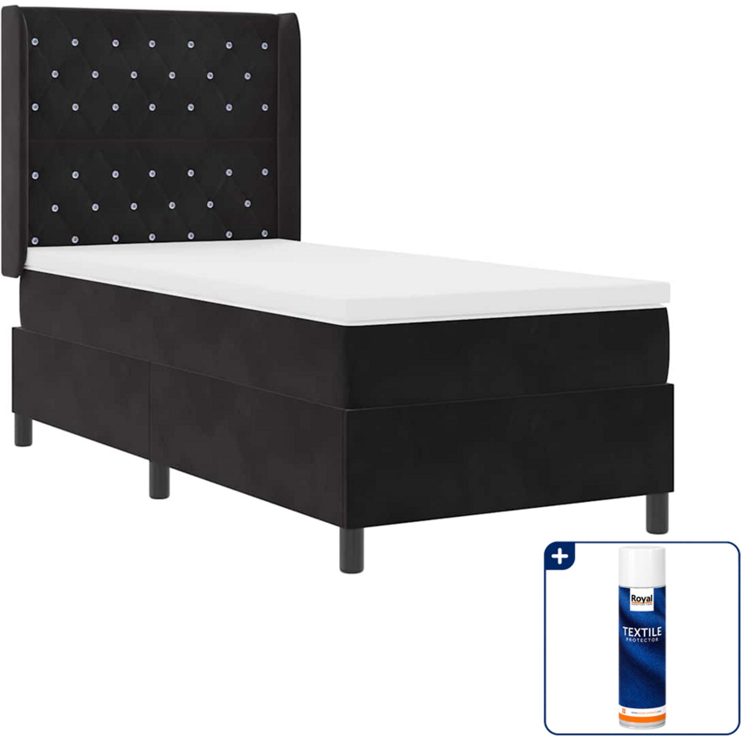 vidaXL boxspringbed met matras - 90 x 200 cm - fluweel - zwart - Inclusief textielbeschermer 500 ml