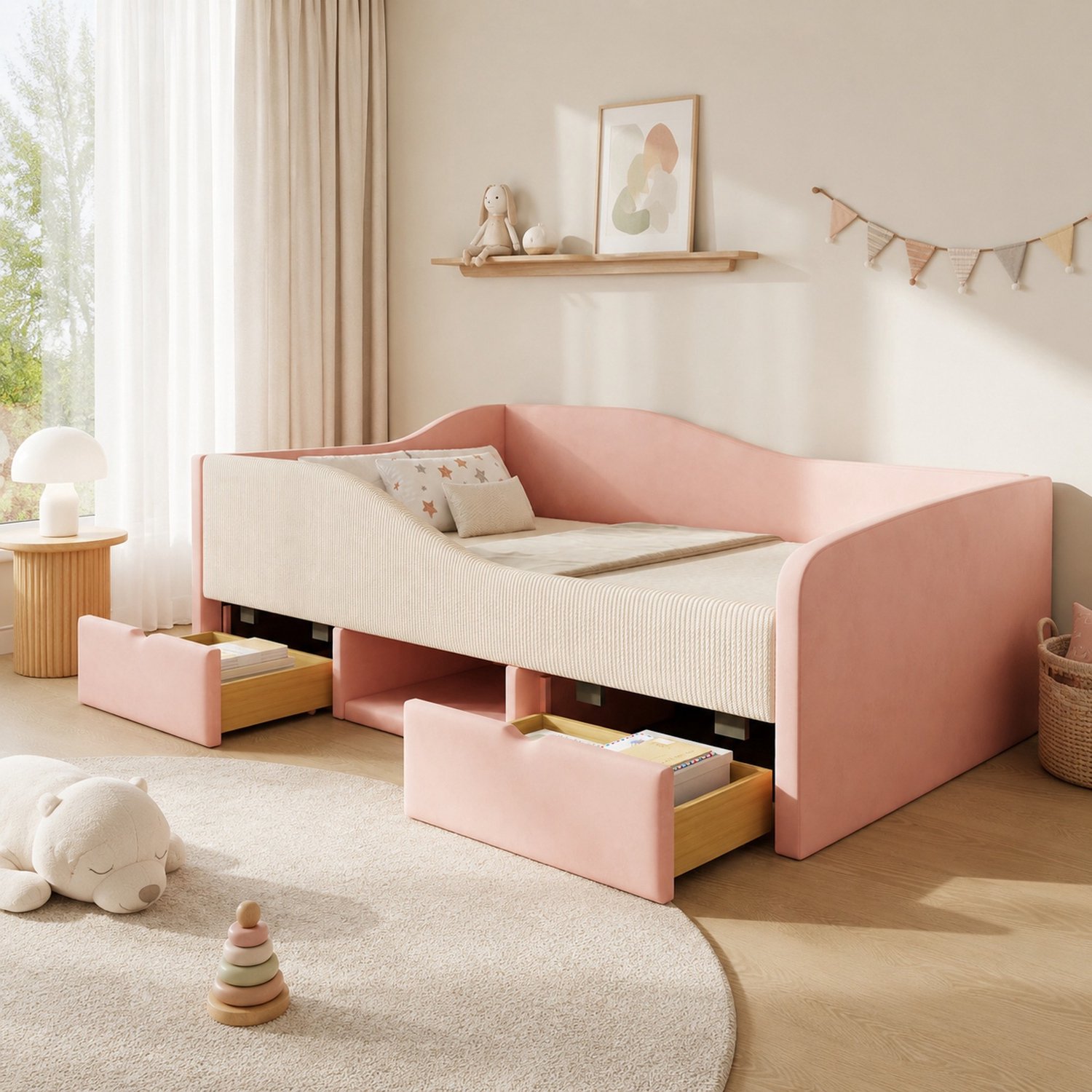 Maisentiel Gestoffeerd kinderbed 90 x 190 cm met 2 lades en uitvalbeveiliging - roze en crème
