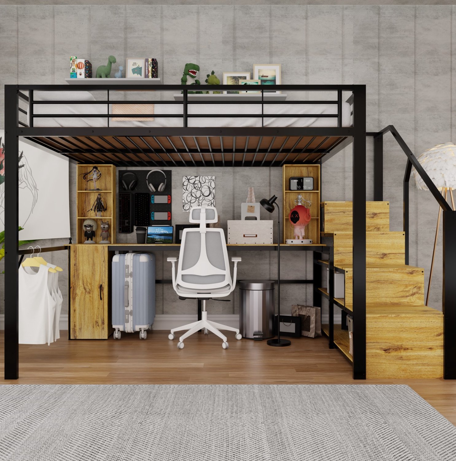 MODFU Hoogslaper - Met Bureau En Opbergtrap - USB-Aansluiting - Metaal - Zwart - 140 X 200 Cm