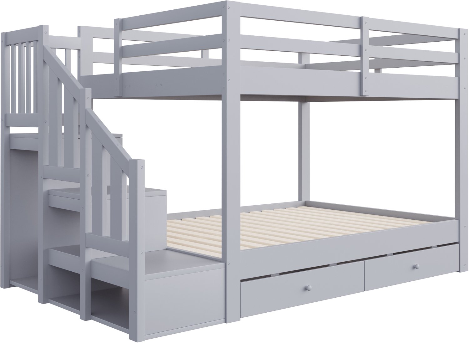 MUVANO Grijs houten stapelbed 140 x 200 cm - Met opbergtrap en twee lades - Lattenbodems en uitvalbeveiliging - Voor gedeelde slaapkamer en logeerkamer