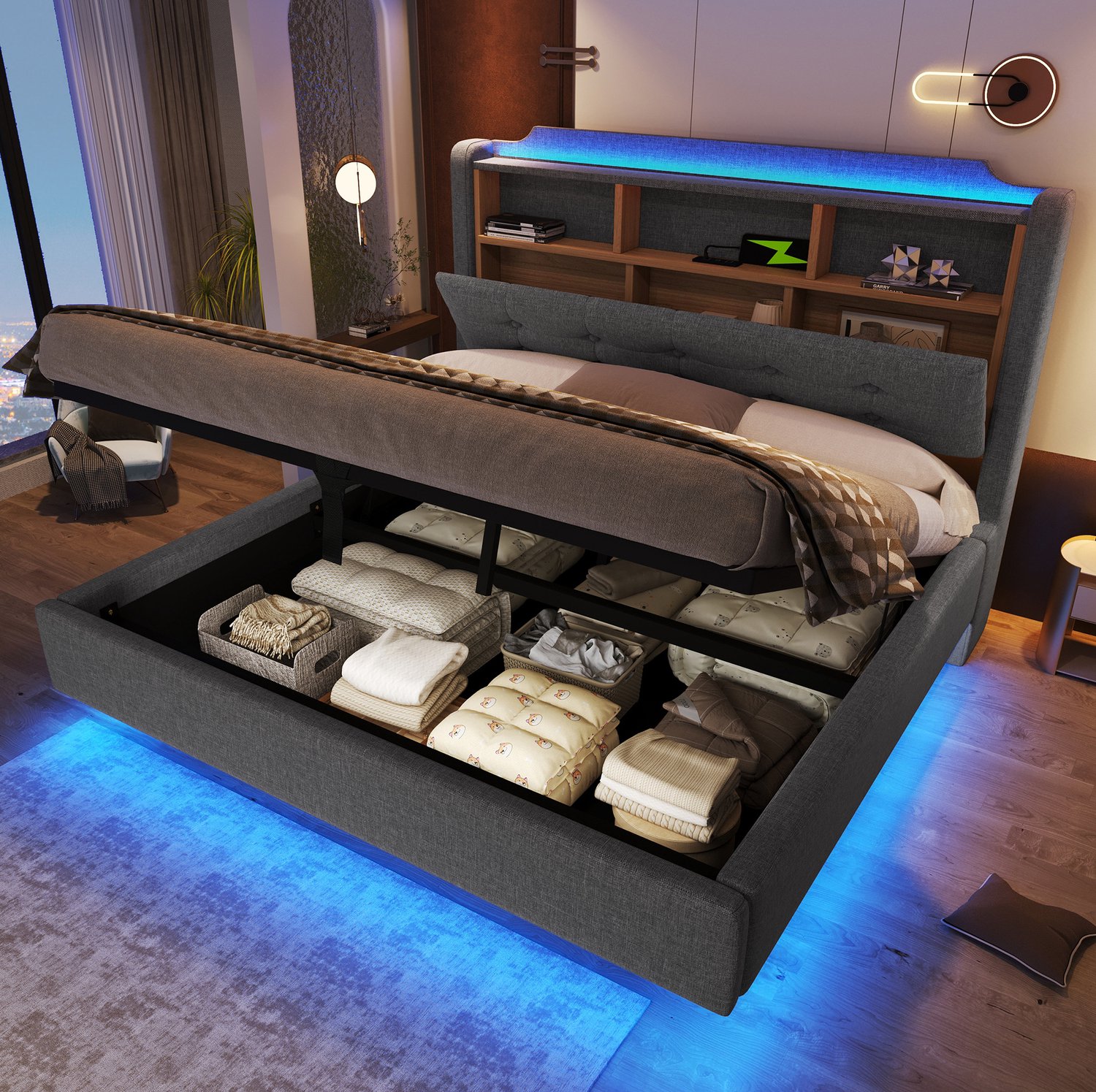 Maisentiel Gestoffeerd bed 140 x 200 cm grijs met hydraulische opbergruimte en LED-verlichting