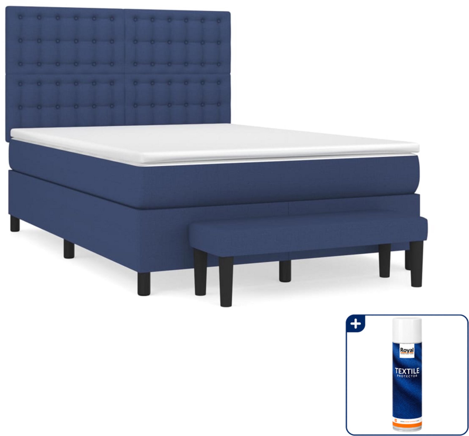 vidaXL boxspring met matras en bankje - 140 x 190 cm - blauw - Inclusief textielbeschermer 500 ml