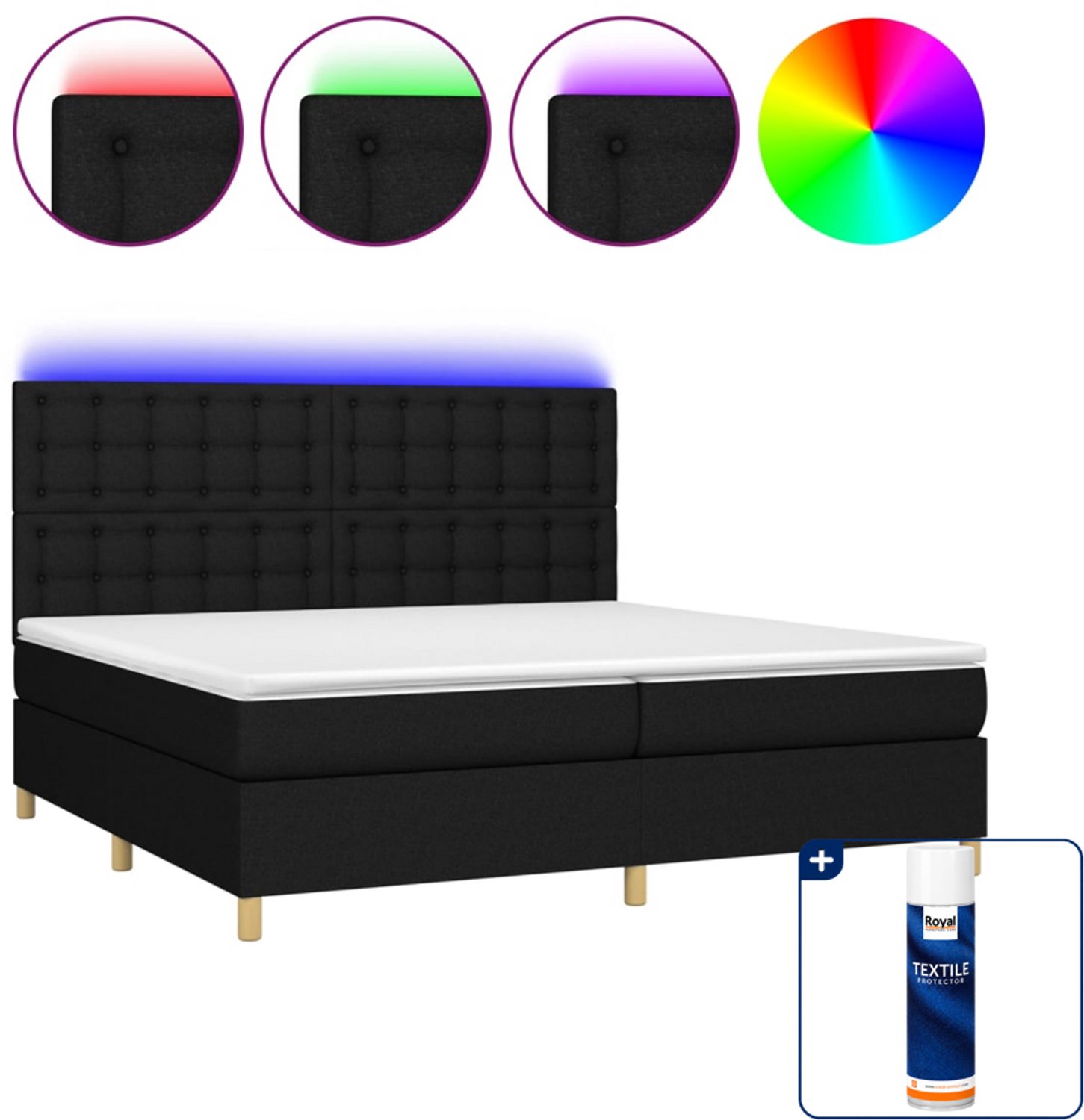 vidaXL Super kingsize boxspring met matras en LED - 200 x 200 cm - zwart - Inclusief textielbeschermer 500 ml