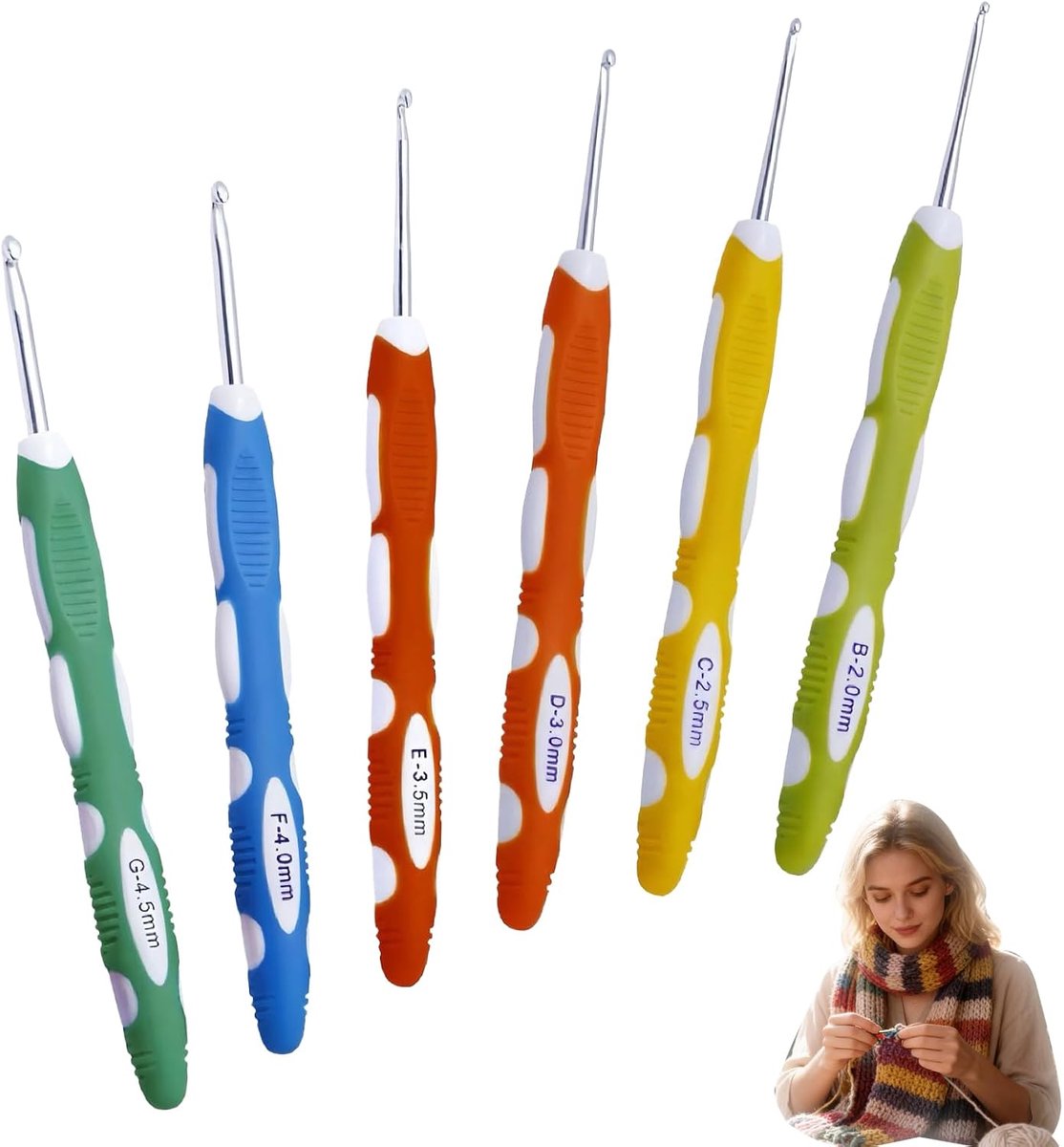 Haaknaalden met zachte rubberen handgreep, 2-4,5 mm, ergonomisch ontwerp voor beginners en experts