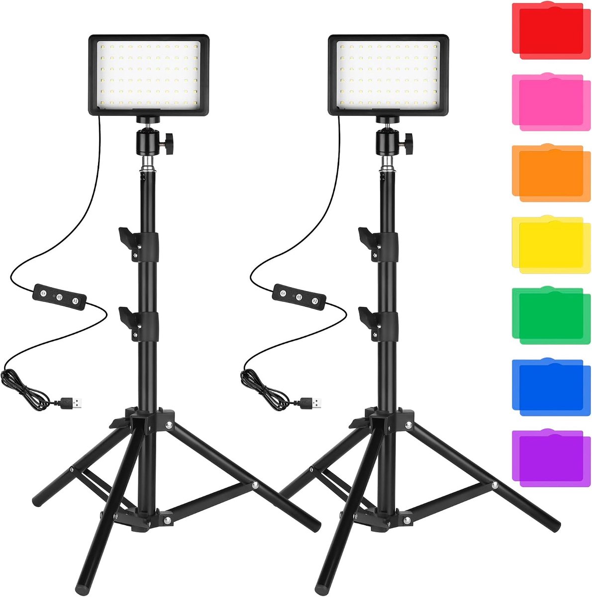 2 stuks, dimbaar, 5600 K, USB led-videolamp, continu licht, fotografie met statief en kleurfilters voor fotostudio's, YouTube, video-opname, game-streaming