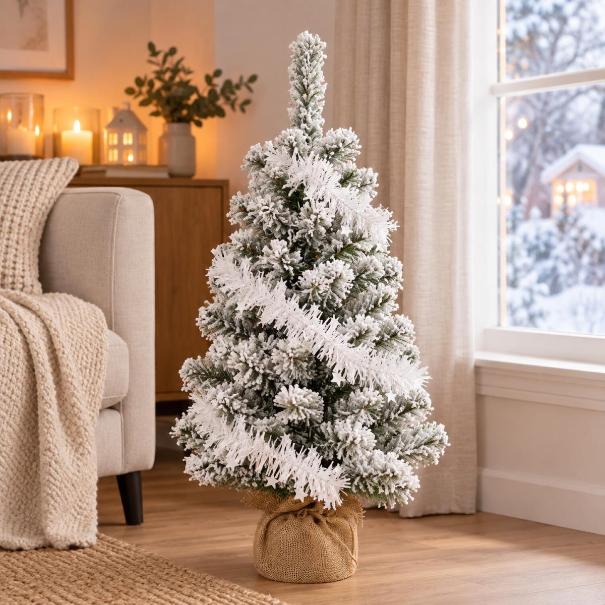 Besneeuwde kunstboom - 75 cm - met witte slinger - kunst kerstboom – foto 4