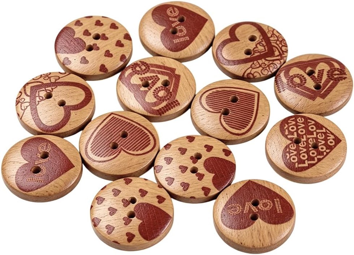 20MM 50Pcs 2 Gaten Geschilderde Houten Knoppen Hartpatroon Gedrukt Natuurlijke Knoppen Ronde Platte Hout Naaiknoppen Bulk Voor Naaien Maken Ambachten Valentijnsdag Kleding Diy Accessoires