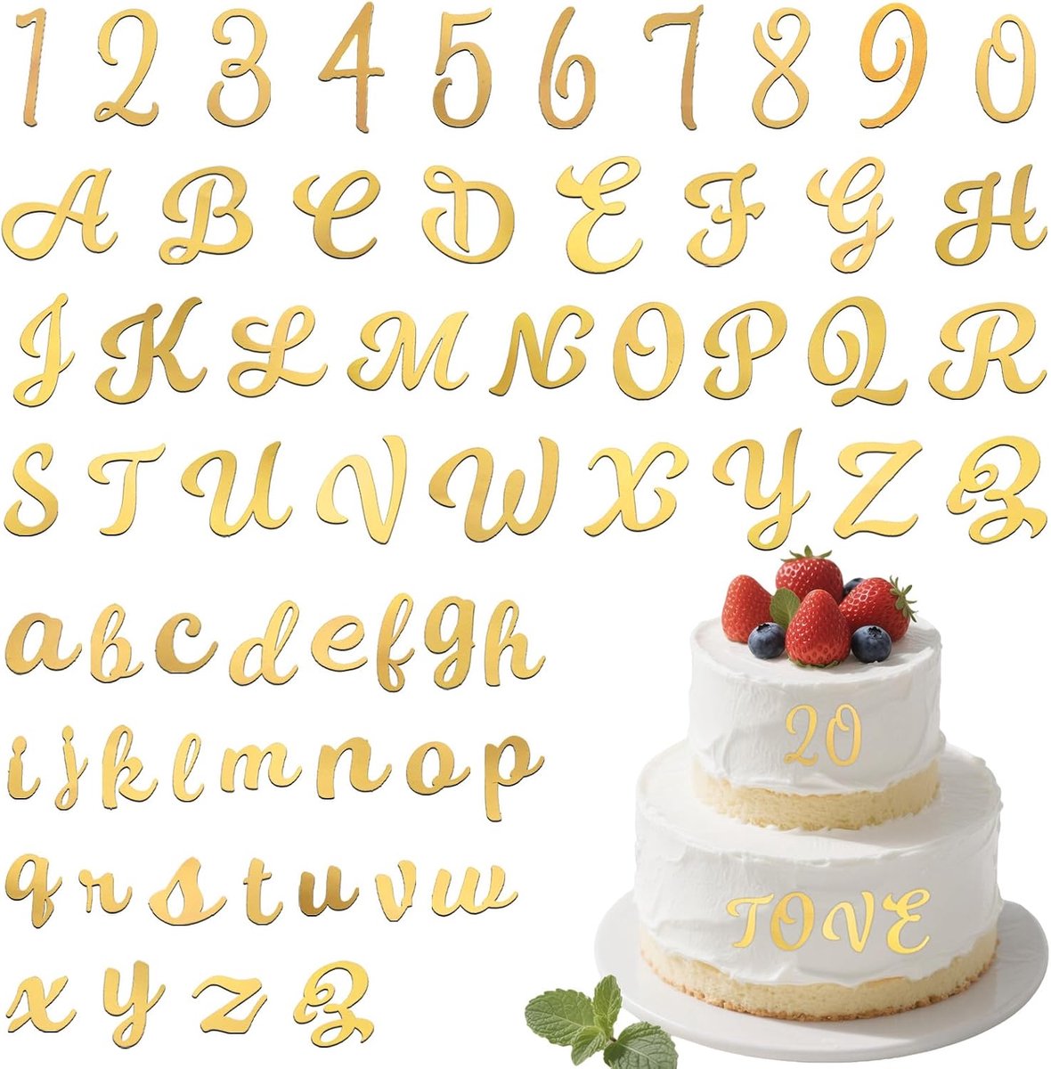 64 stuks letter taartdecoratie, acryl cijfers 0-9, gepersonaliseerde taarttoppers A-Z, set voor bruiloft, jubileum, feest (goud)