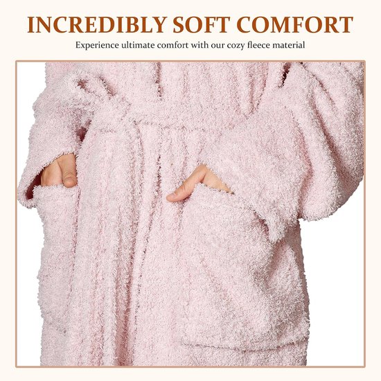 Classy zachte badjas voor dames en heren, lange fluffy sherpa ochtendjas, sauna badjassen zonder capuchon, warme cadeaus voor vrouwen, roze, L — afbeelding 4