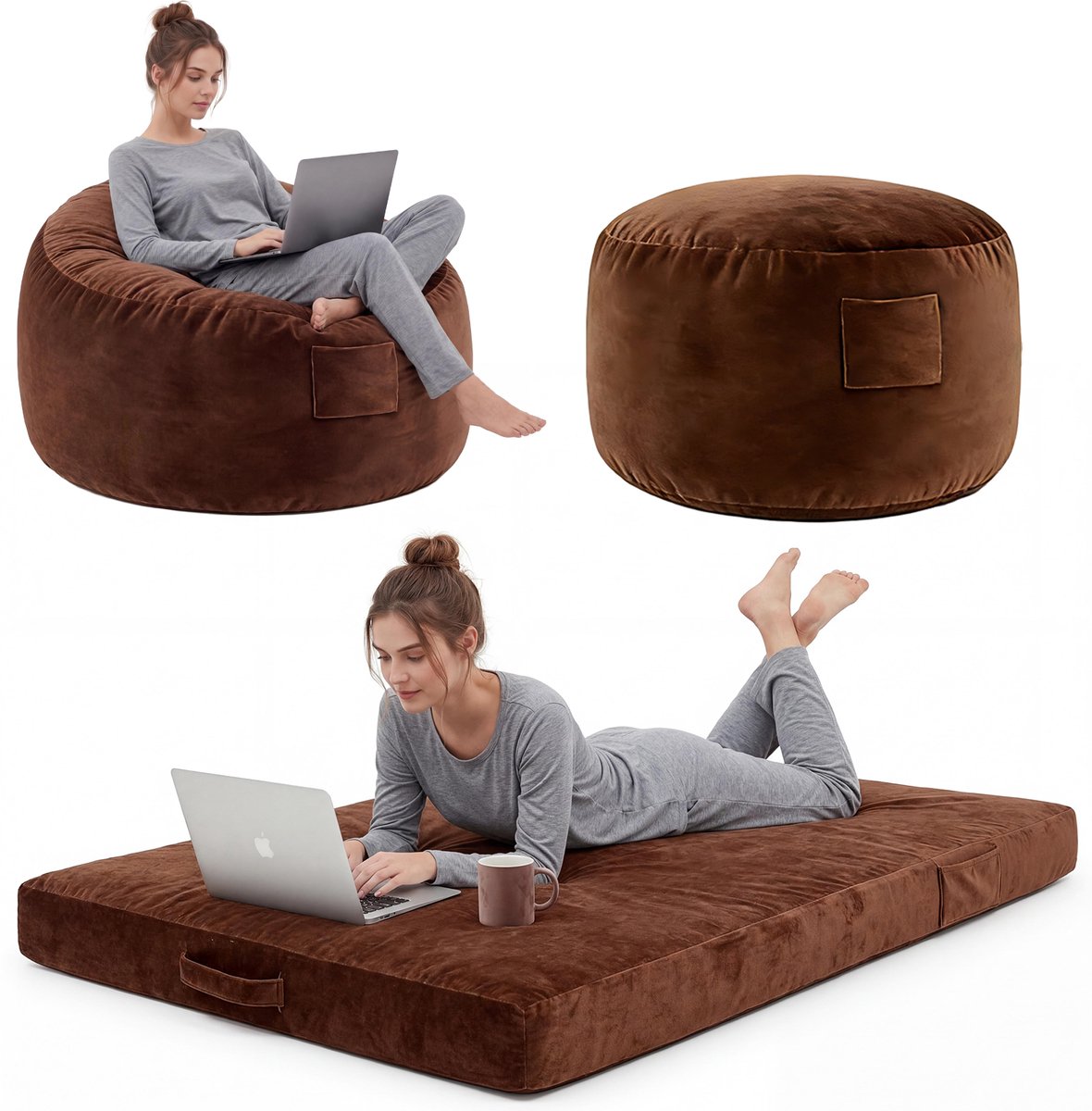 Zitzak 4 in 1 Convertible - Extra Groot 4ft - Visco-elastisch schuim - Zachte fluweel hoes verwijderbaar & wasbaar - Gaming vloersofa voor volwassenen & tieners - Bruin