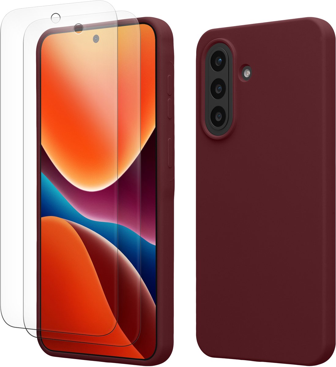 kwmobile hoes met 2x screenprotectors voor Samsung Galaxy A57 5G – screenprotector van gehard glas – draadloos opladen – bordeaux-violet