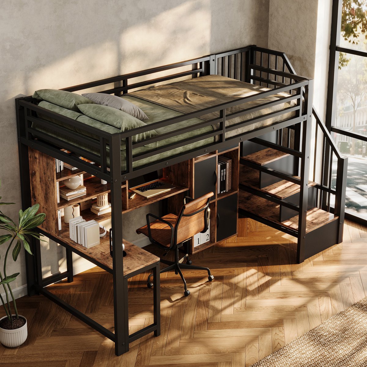 Merax Hoogslaper 90 x 200 cm, metalen frame, met bureau, kast, opbergruimte, LED-verlichting, zonder matras, zwart