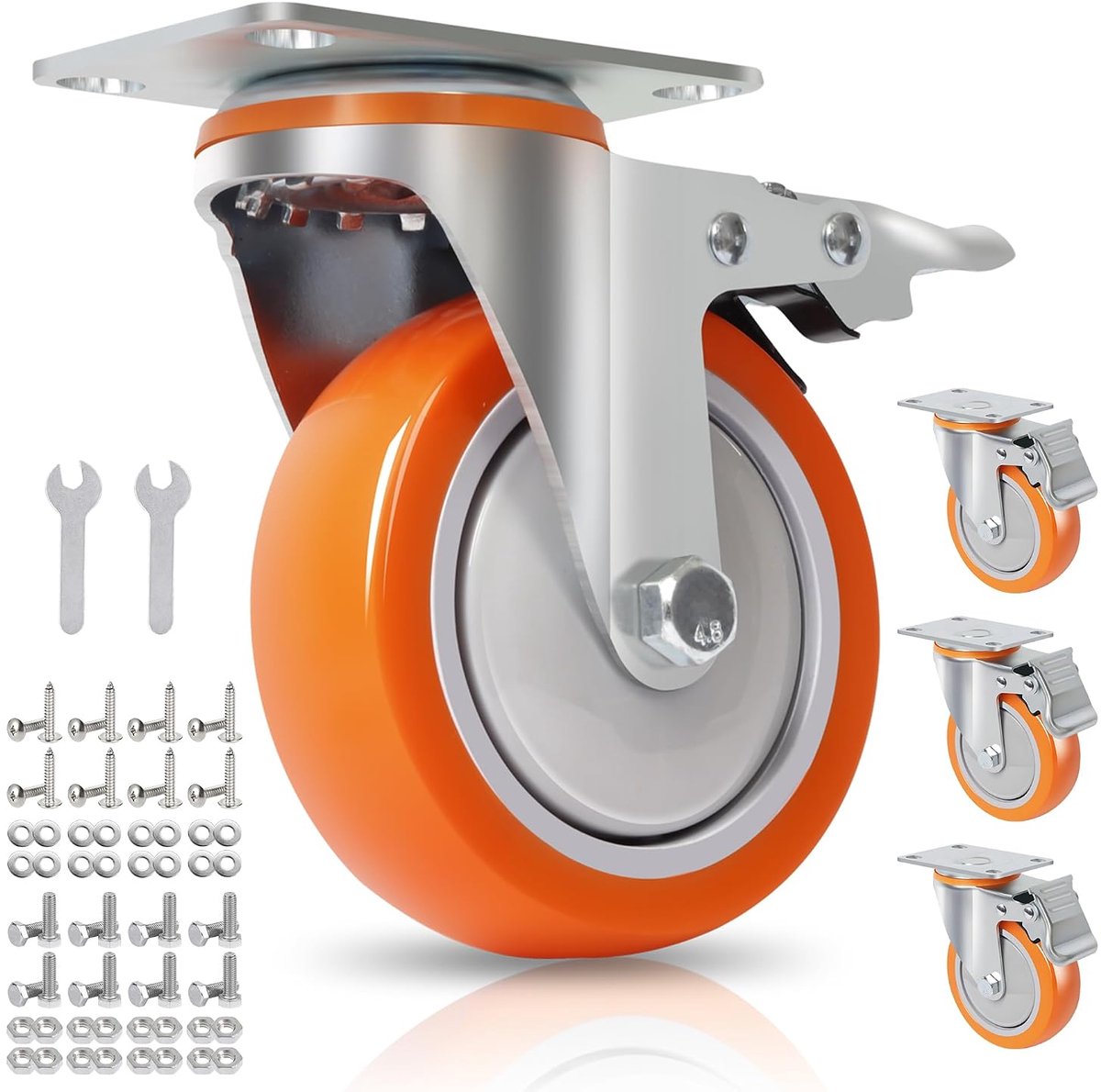 Heavy duty castors 100 mm, orange/white, non-marking polyurethane, 360° swivel with brake, 600 kg load capacity, set - ShopVlot