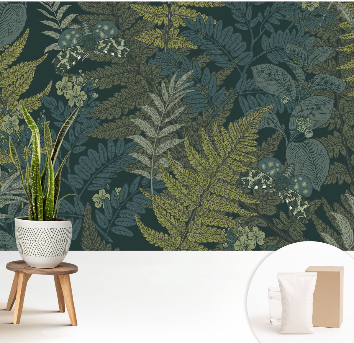 Wallfluent Fotobehang - Groente Vliesbehang - 208x146 cm - Groene Elegantie Fotobehang Vlies - Hal behang Bloemen En Planten - Muurschildering - Hal behang