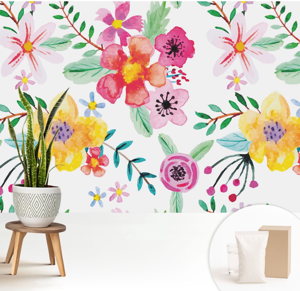 Wallfluent Fotobehang - Wit Vliesbehang - 208x146 cm - Bloemige Frisheid Muurschildering - Slaapkamer behang Bloemen En Planten - Fotobehang Vlies - Gang behang