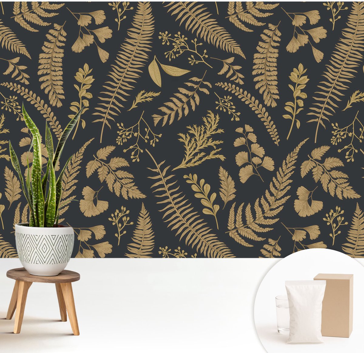 Wallfluent Fotobehang - Zwart Vliesbehang - 208x146 cm - Botanische Bladeren Fotobehang Vlies - Woonkamer behang Bloemen En Planten - Muurschildering - Woonkamer behang