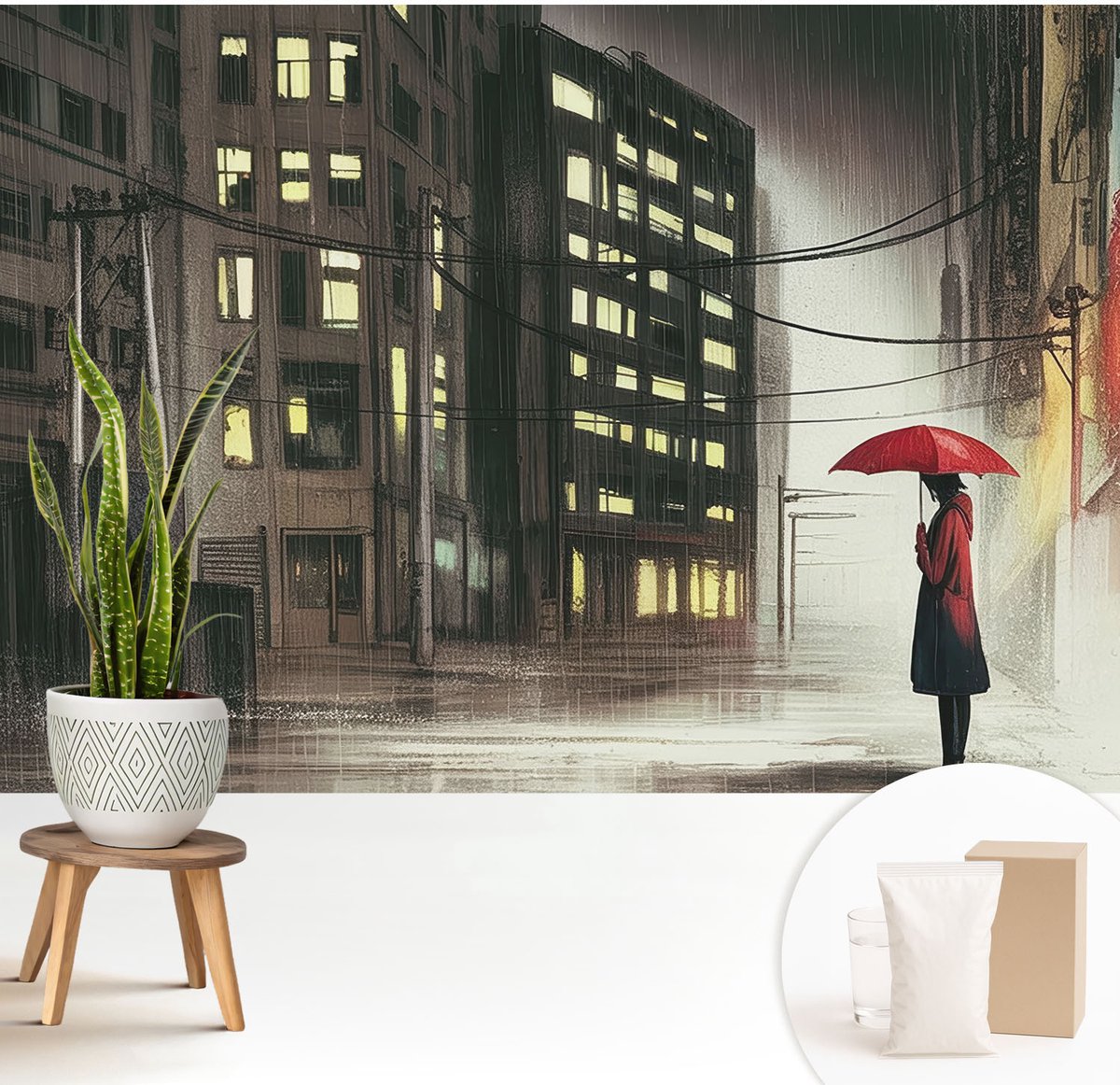 Wallfluent Fotobehang - Zwart Vliesbehang - 208x146 cm - Regenachtige Stad Fotobehang Vlies - Hal behang Steden - Muurschildering - Woonkamer behang
