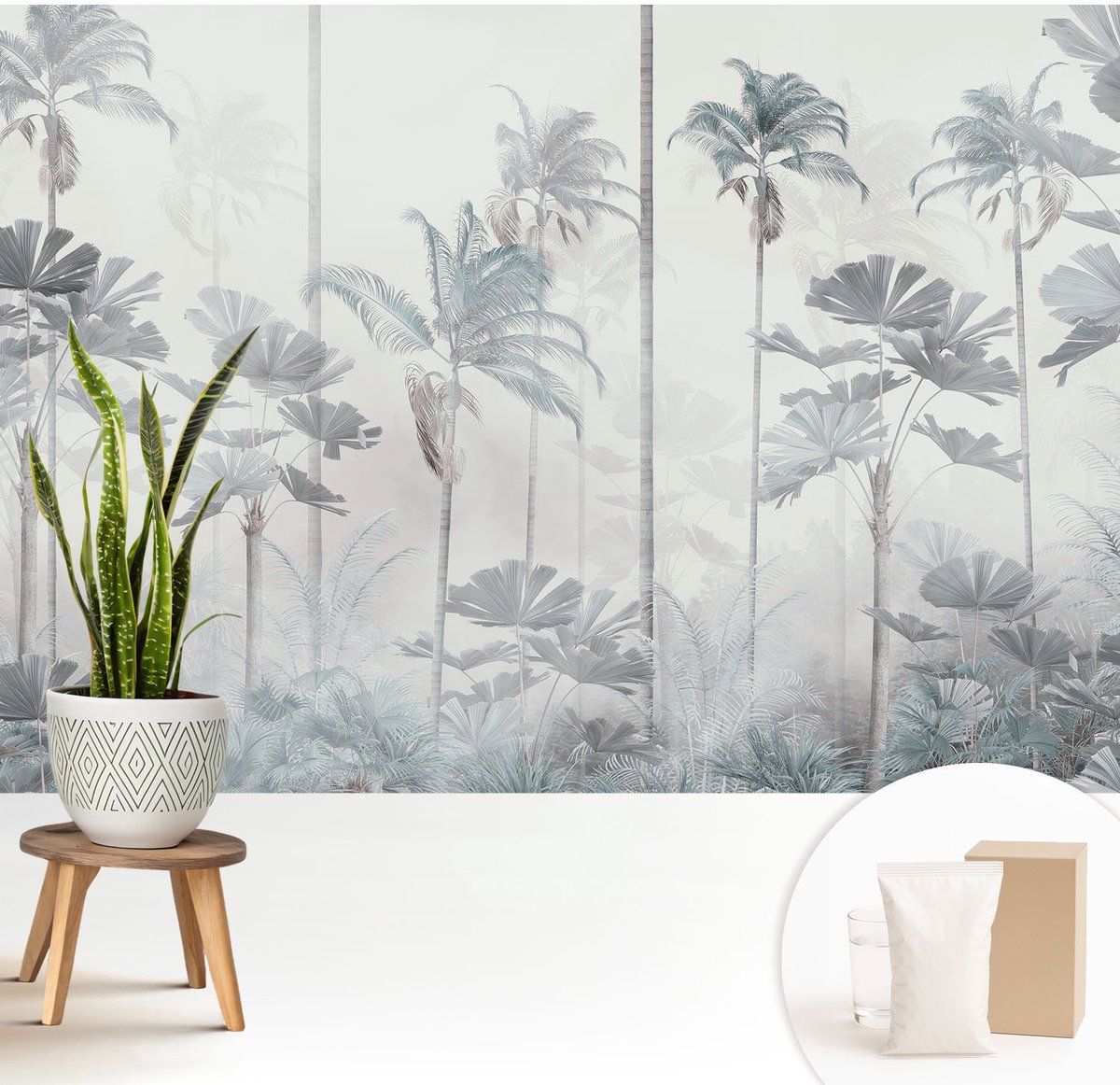 Wallfluent Fotobehang - Wit Vliesbehang - 208x146 cm - Tropisch Landschap Fotobehang Vlies - Woonkamer behang Bloemen En Planten - Muurschildering - Hal behang