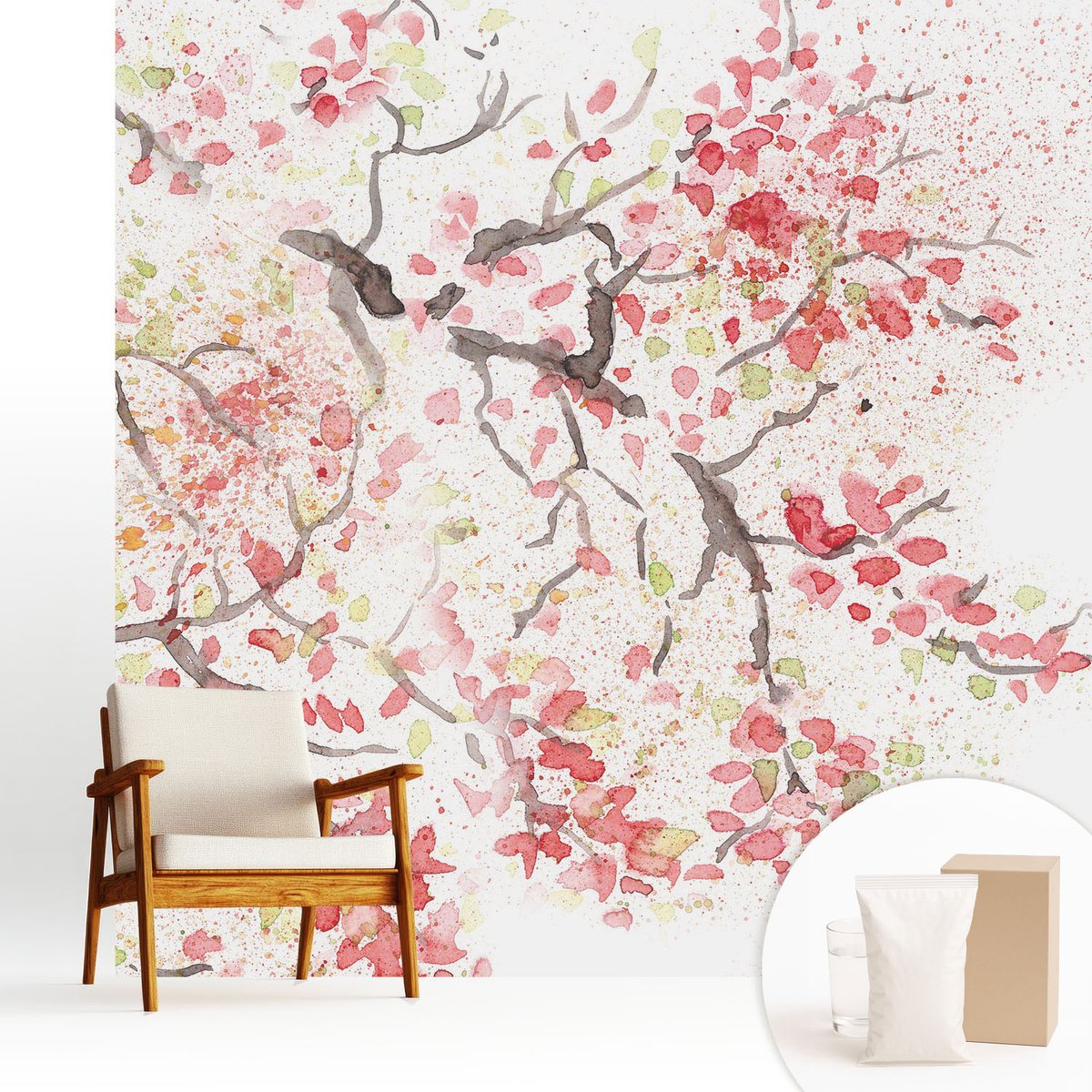 Wallfluent Fotobehang - Wit Vliesbehang - 250x250 cm - Bloeiende Takken Muurschildering - Gang behang Bloemen En Planten - Fotobehang Vlies - Slaapkamer behang