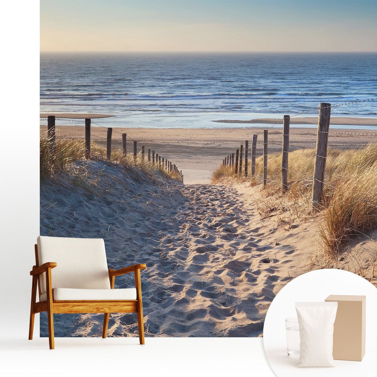 Wallfluent Fotobehang - Wit Vliesbehang - 250x250 cm - Strandpad Fotobehang Vlies - Hal behang Landschappen - Muurschildering - Woonkamer behang