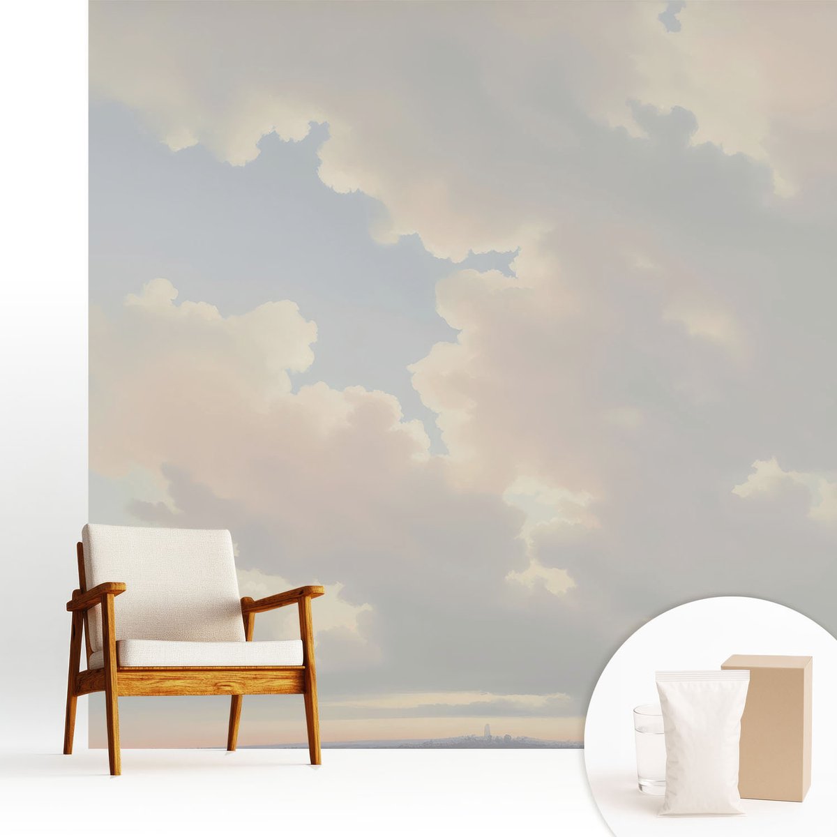 Wallfluent Fotobehang - Wit Vliesbehang - 250x250 cm - Pastelkleurige Hemel Fotobehang Vlies - Hal behang Landschappen - Muurschildering - Woonkamer behang