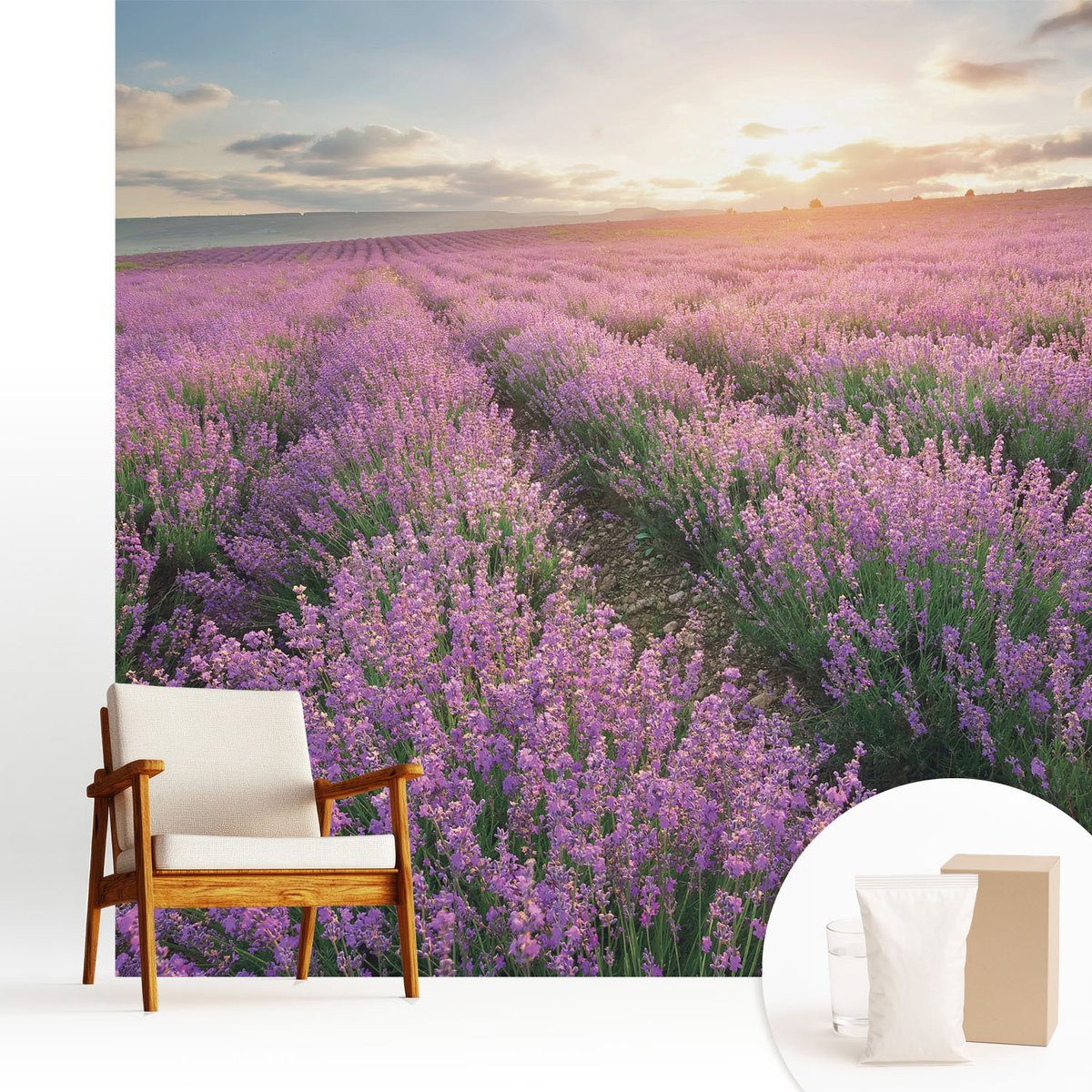 Wallfluent Fotobehang - Paars Vliesbehang - 250x250 cm - Lavendelvelden Fotobehang Vlies - Woonkamer behang Landschappen - Muurschildering - Hal behang