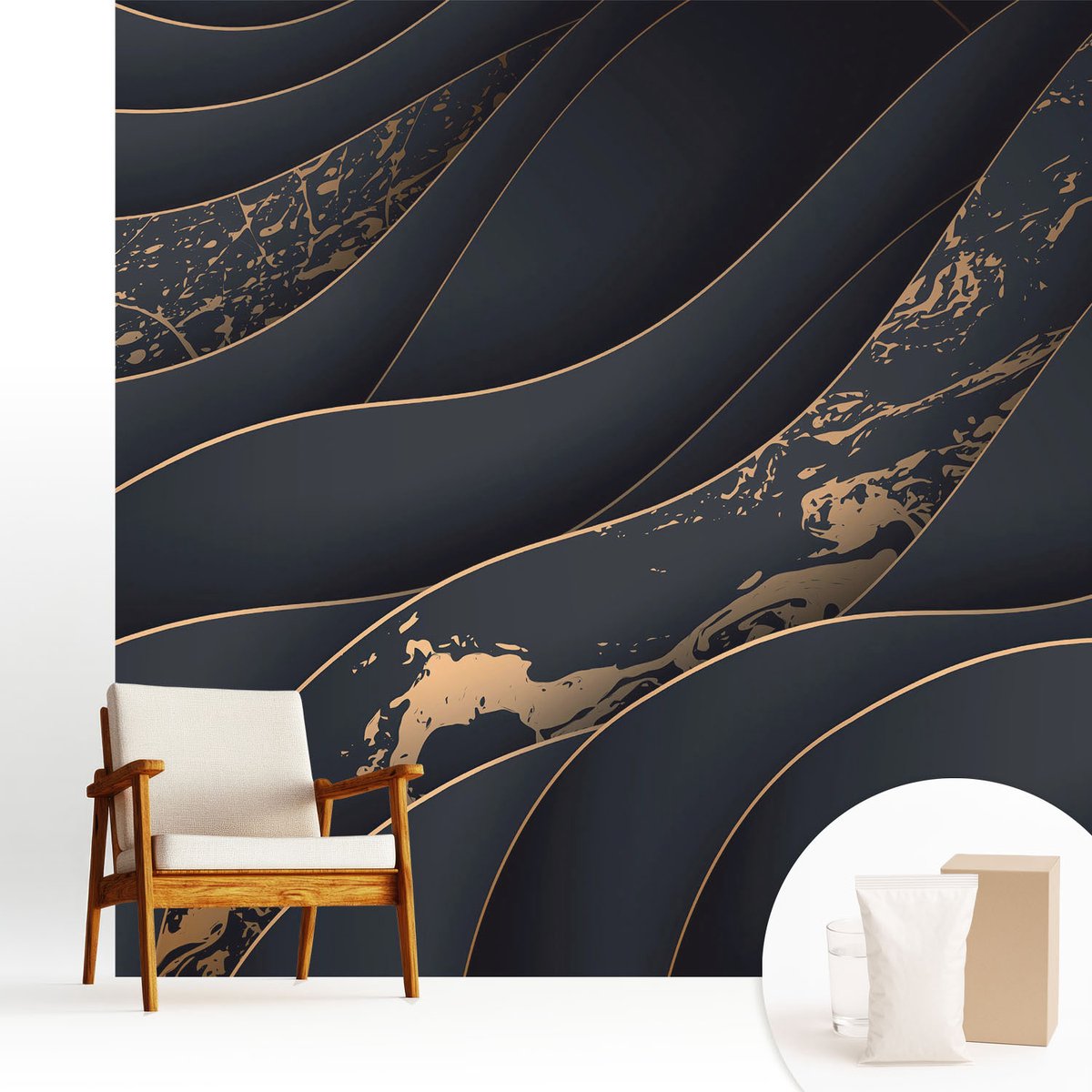 Wallfluent Fotobehang - Zwart Vliesbehang - 250x250 cm - Elegante Golven Fotobehang Vlies - Woonkamer behang Abstractie - Muurschildering - Woonkamer behang