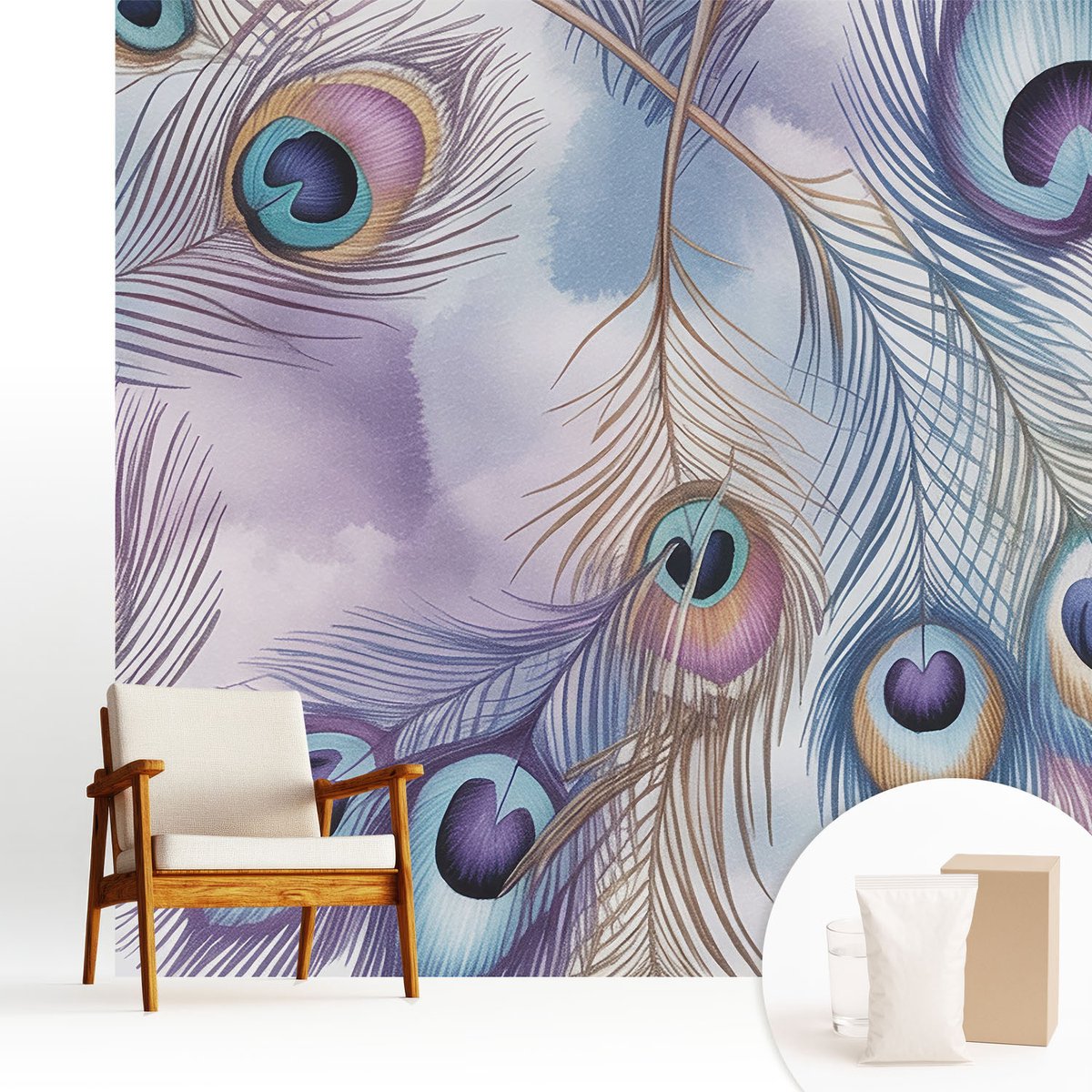 Wallfluent Fotobehang - Paars Vliesbehang - 250x250 cm - Pauwenveren Fotobehang Vlies - Woonkamer behang Abstractie - Muurschildering - Woonkamer behang