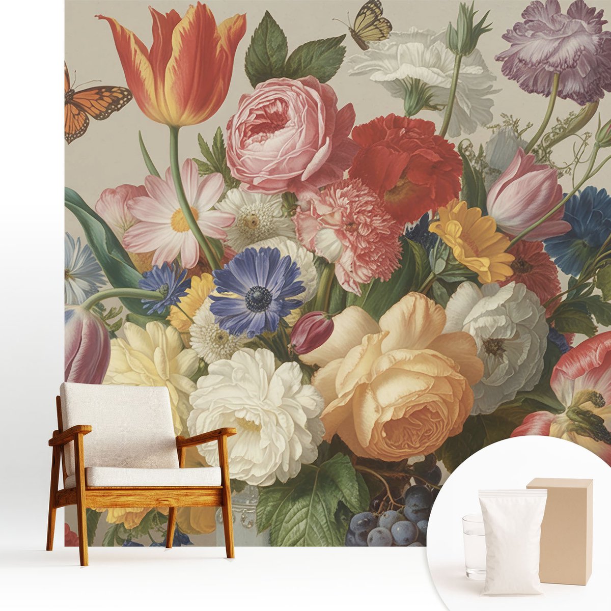 Wallfluent Fotobehang - Rood Vliesbehang - 250x250 cm - Bloemen En Vlinders Muurschildering - Gang behang Bloemen En Planten - Fotobehang Vlies - Slaapkamer behang