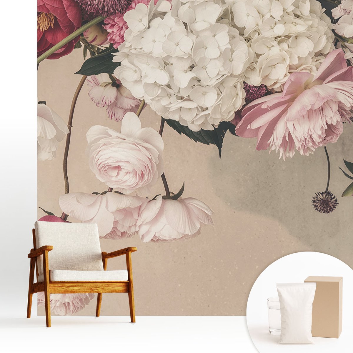 Wallfluent Fotobehang - Wit Vliesbehang - 250x250 cm - Romantische Bloemen Fotobehang Vlies - Woonkamer behang Bloemen En Planten - Muurschildering - Hal behang