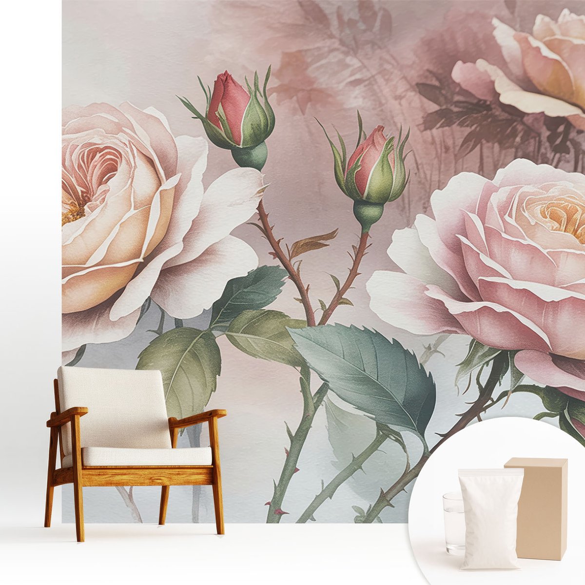 Wallfluent Fotobehang - Roze Vliesbehang - 250x250 cm - Pastel Rozen Fotobehang Vlies - Hal behang Bloemen En Planten - Muurschildering - Woonkamer behang
