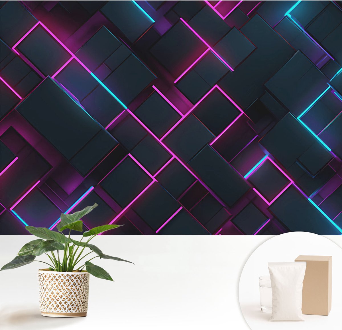 Wallfluent Fotobehang - Marine Vliesbehang - 152x104 cm - Neon Geometrie Fotobehang Vlies - Woonkamer behang Abstractie - Muurschildering - Hal behang
