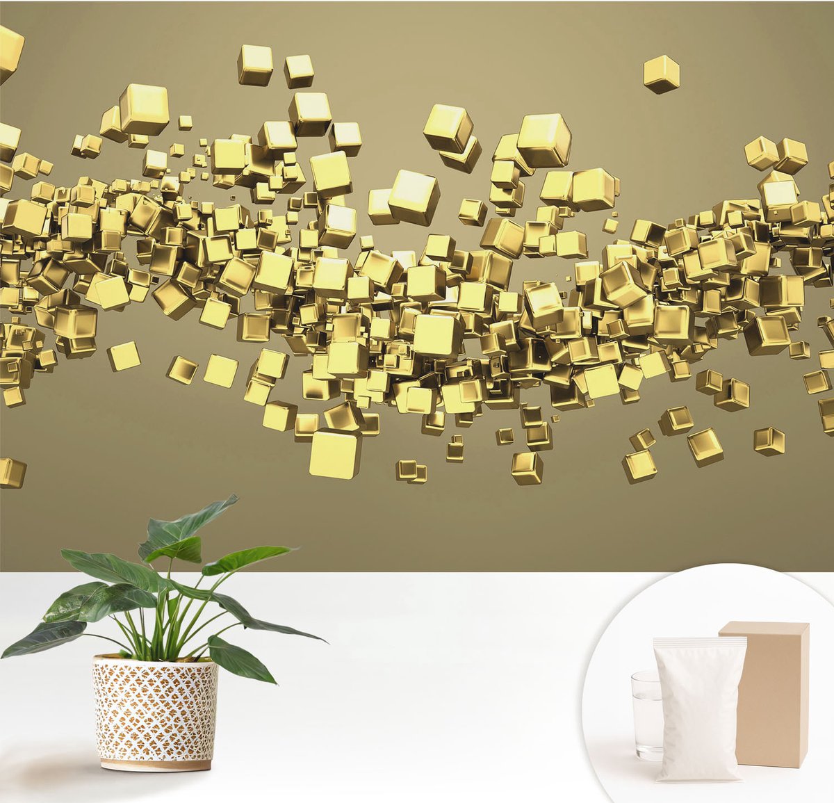 Wallfluent Fotobehang - Geel Vliesbehang - 152x104 cm - Creatieve Kubussen Fotobehang Vlies - Woonkamer behang Abstractie - Muurschildering - Woonkamer behang