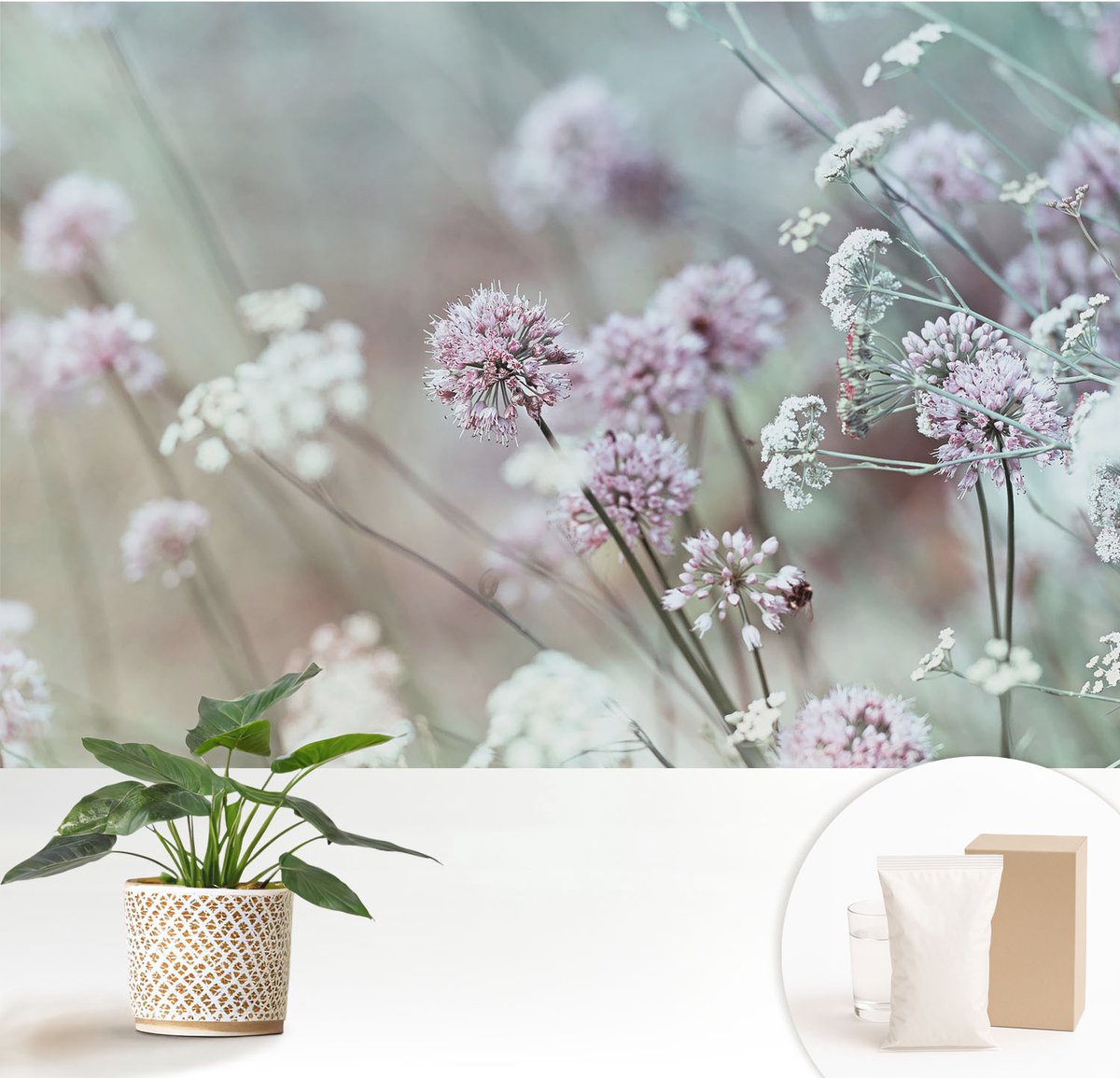 Wallfluent Fotobehang - Wit Vliesbehang - 152x104 cm - Wilde Bloemen Muurschildering - Gang behang Bloemen En Planten - Fotobehang Vlies - Slaapkamer behang