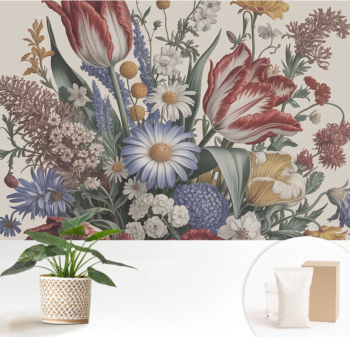 Wallfluent Fotobehang - Beige Vliesbehang - 152x104 cm - Bloemenboeket Muurschildering - Gang behang Bloemen En Planten - Fotobehang Vlies - Gang behang