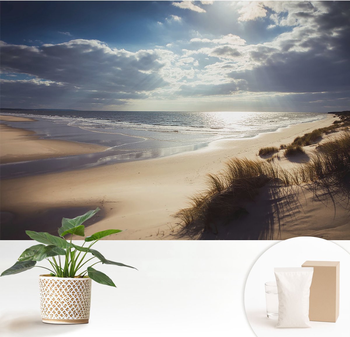 Wallfluent Fotobehang - Blauw Vliesbehang - 152x104 cm - Stralende Kust Fotobehang Vlies - Woonkamer behang Landschappen - Muurschildering - Hal behang