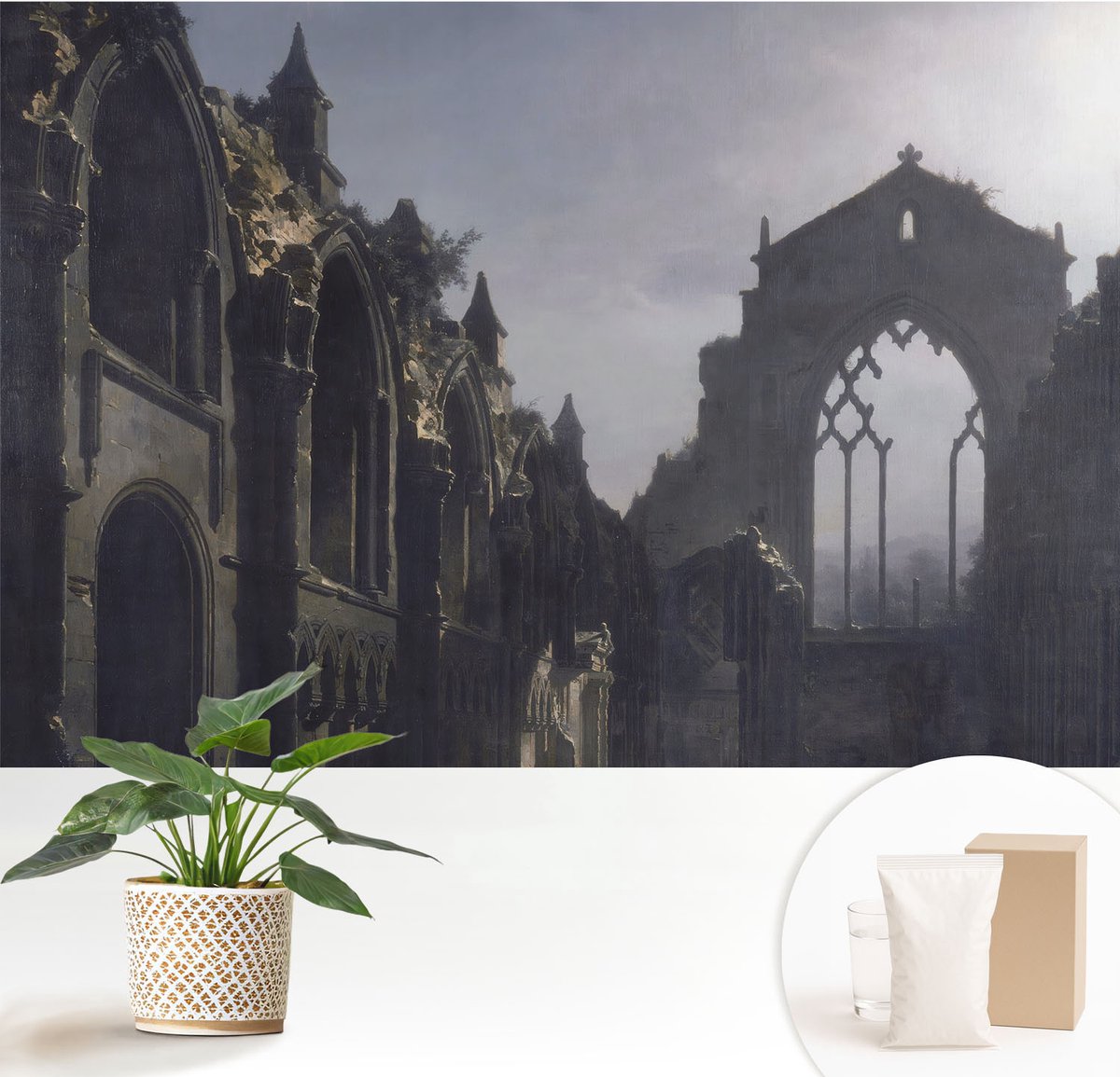 Wallfluent Fotobehang - Grijs Vliesbehang - 152x104 cm - Gotische Ruïnes Muurschildering - Gang behang Architectuur - Fotobehang Vlies - Gang behang