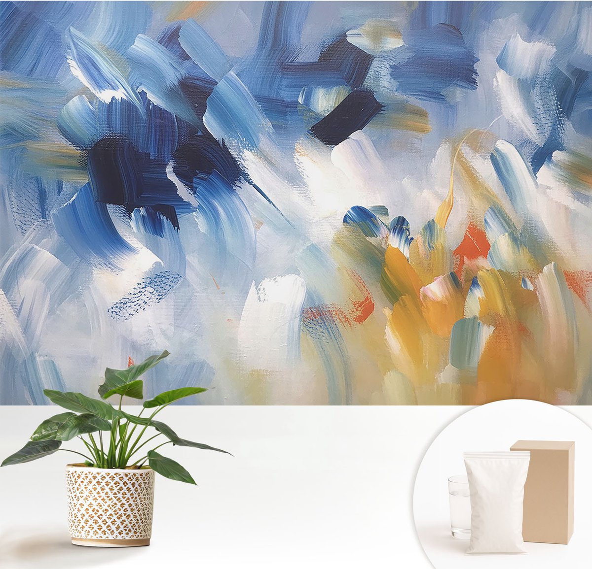 Wallfluent Fotobehang - Blauw Vliesbehang - 152x104 cm - Kleurrijke Penseelstreken Muurschildering - Slaapkamer behang Abstractie - Fotobehang Vlies - Gang behang