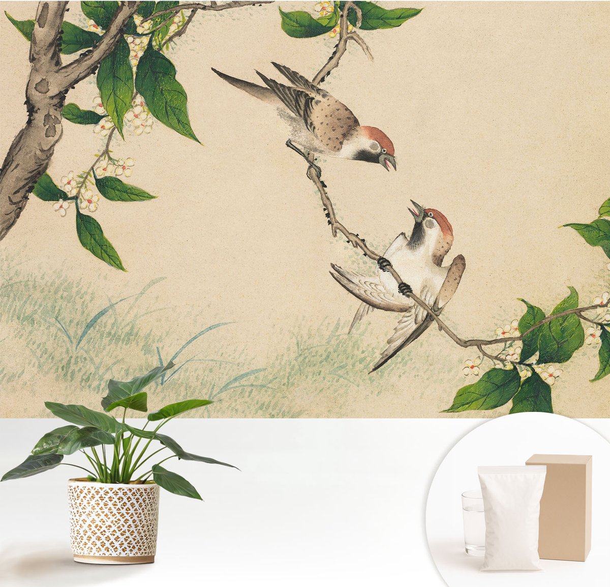 Wallfluent Fotobehang - Beige Vliesbehang - 152x104 cm - Klassiek Duo Fotobehang Vlies - Woonkamer behang Dieren - Muurschildering - Woonkamer behang