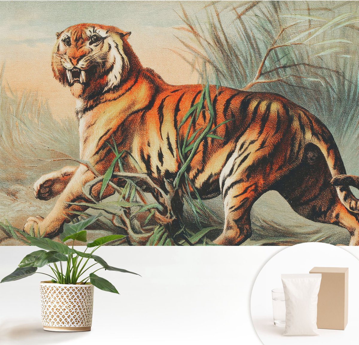 Wallfluent Fotobehang - Oranje Vliesbehang - 152x104 cm - Tijger Natuur Muurschildering - Slaapkamer behang Dieren - Fotobehang Vlies - Gang behang