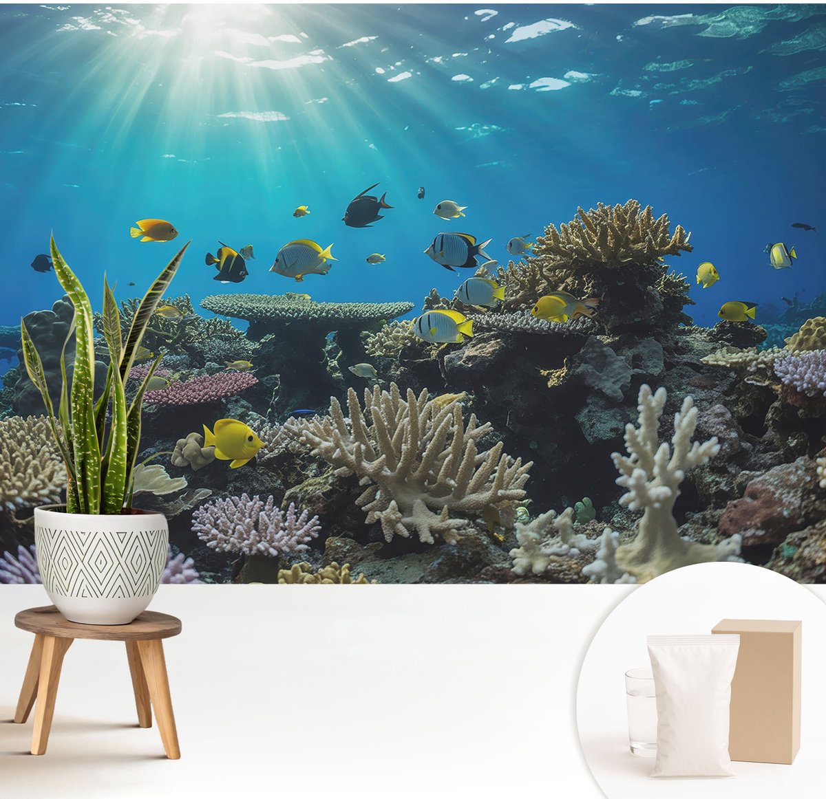 Wallfluent Fotobehang - Blauw Vliesbehang - 208x146 cm - Onderwaterwereld Muurschildering - Slaapkamer behang Dieren - Fotobehang Vlies - Slaapkamer behang