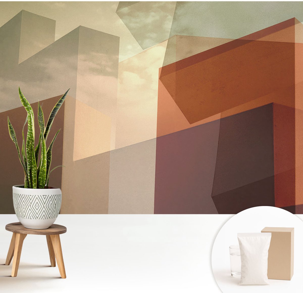 Wallfluent Fotobehang - Bruin Vliesbehang - 208x146 cm - Abstracte Vormen Muurschildering - Gang behang Architectuur - Fotobehang Vlies - Gang behang