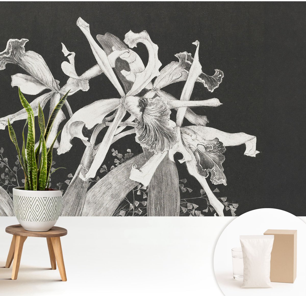 Wallfluent Fotobehang - Zwart Vliesbehang - 208x146 cm - Orchidee Illustratie Muurschildering - Slaapkamer behang Bloemen En Planten - Fotobehang Vlies - Slaapkamer behang