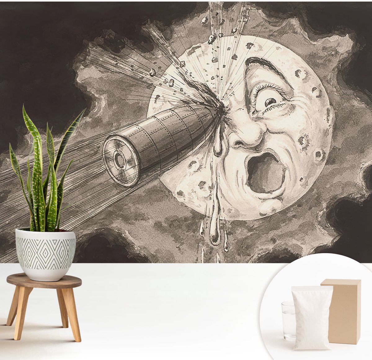 Wallfluent Fotobehang - Zwart-Wit Vliesbehang - 208x146 cm - Kosmische Botsing Fotobehang Vlies - Hal behang Kosmos - Muurschildering - Woonkamer behang