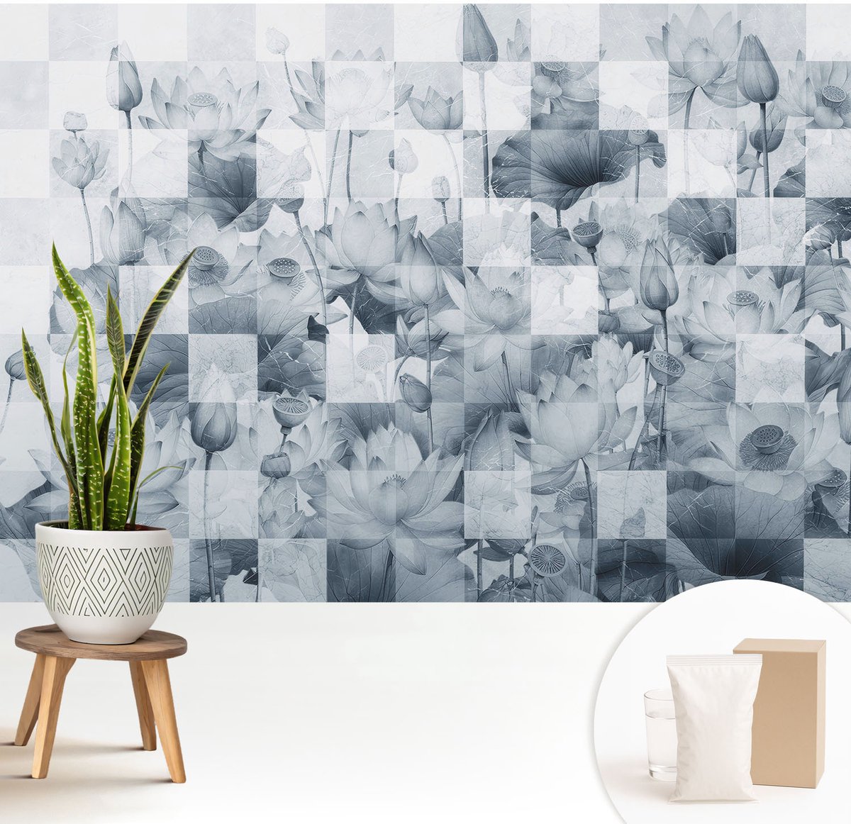 Wallfluent Fotobehang - Blauw Vliesbehang - 208x146 cm - Lotusbloemen Muurschildering - Gang behang Texturen - Fotobehang Vlies - Slaapkamer behang