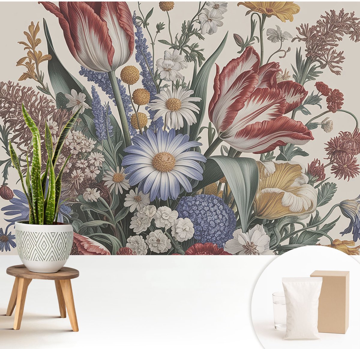 Wallfluent Fotobehang - Beige Vliesbehang - 208x146 cm - Bloemenboeket Muurschildering - Gang behang Bloemen En Planten - Fotobehang Vlies - Gang behang