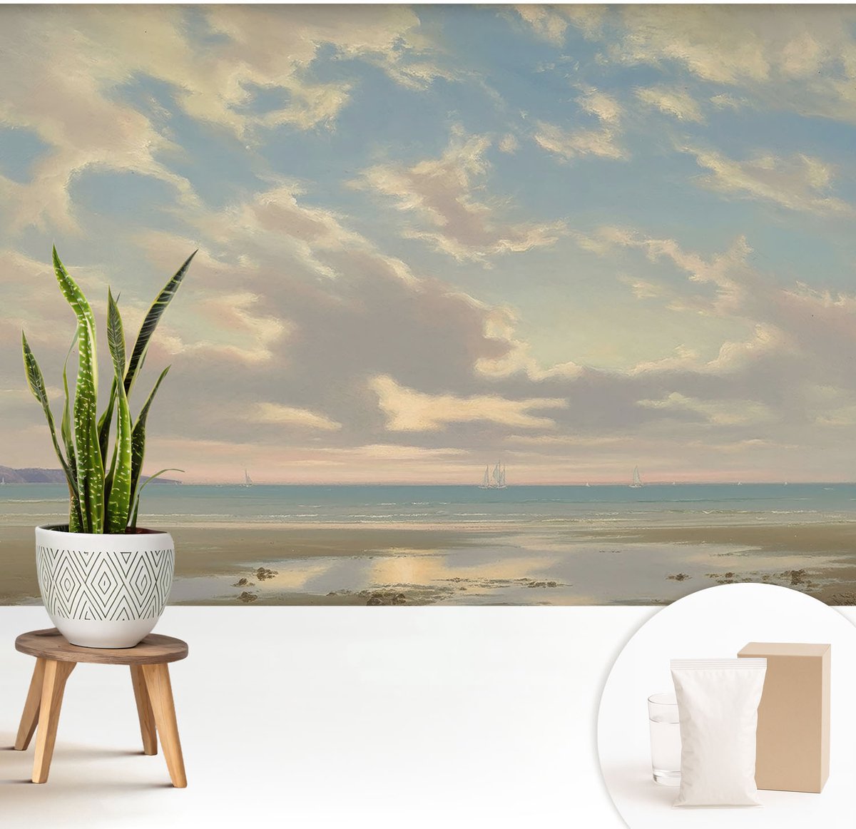 Wallfluent Fotobehang - Blauw Vliesbehang - 208x146 cm - Een Rustige Kust Muurschildering - Slaapkamer behang Landschappen - Fotobehang Vlies - Gang behang