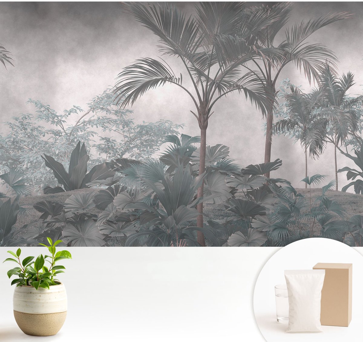 Wallfluent Fotobehang - Grijs Vliesbehang - 104x70 cm - Exotische Natuur Muurschildering - Slaapkamer behang Bloemen En Planten - Fotobehang Vlies - Slaapkamer behang
